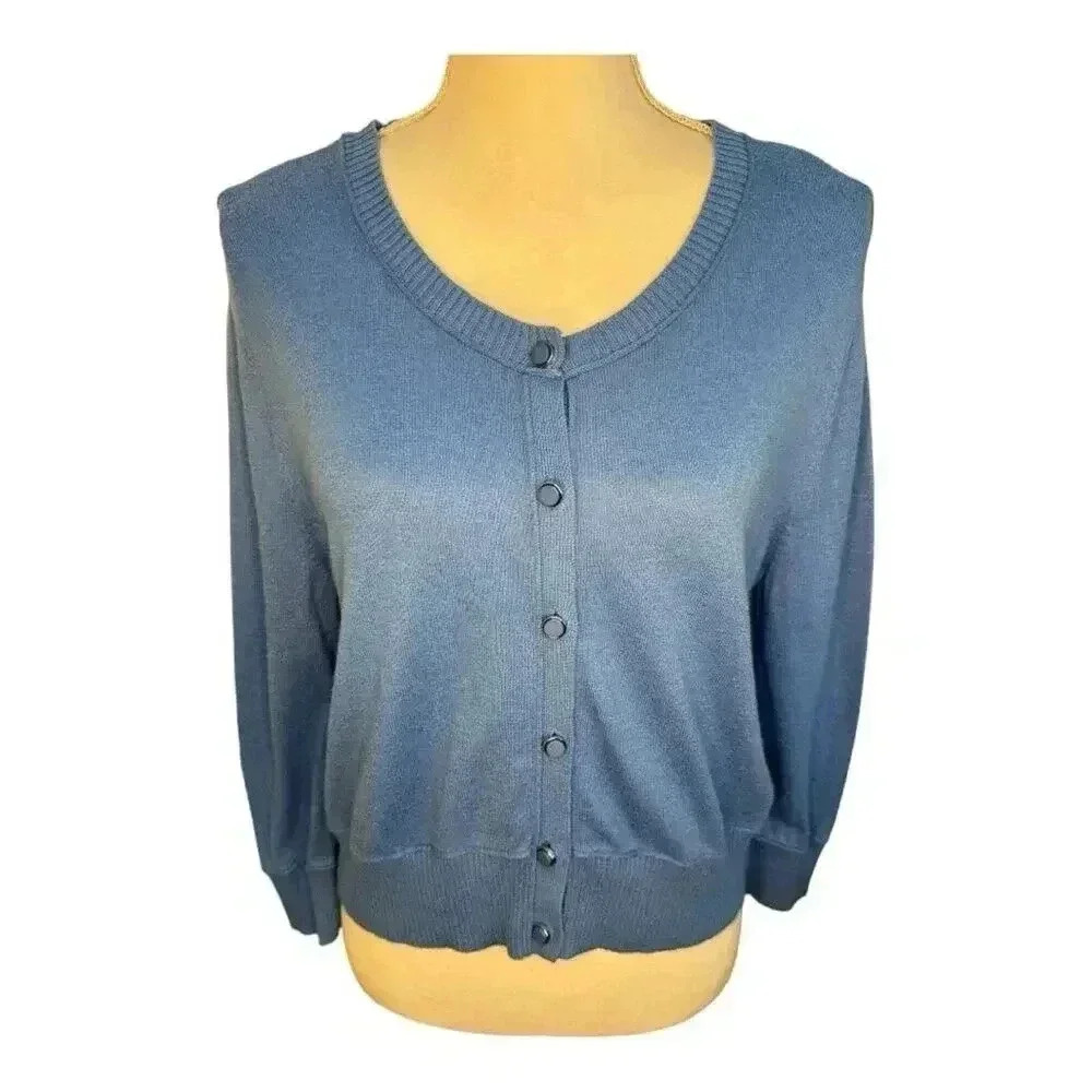 New York & Company Women’s Large Blue Button Front Cropped Cardigan